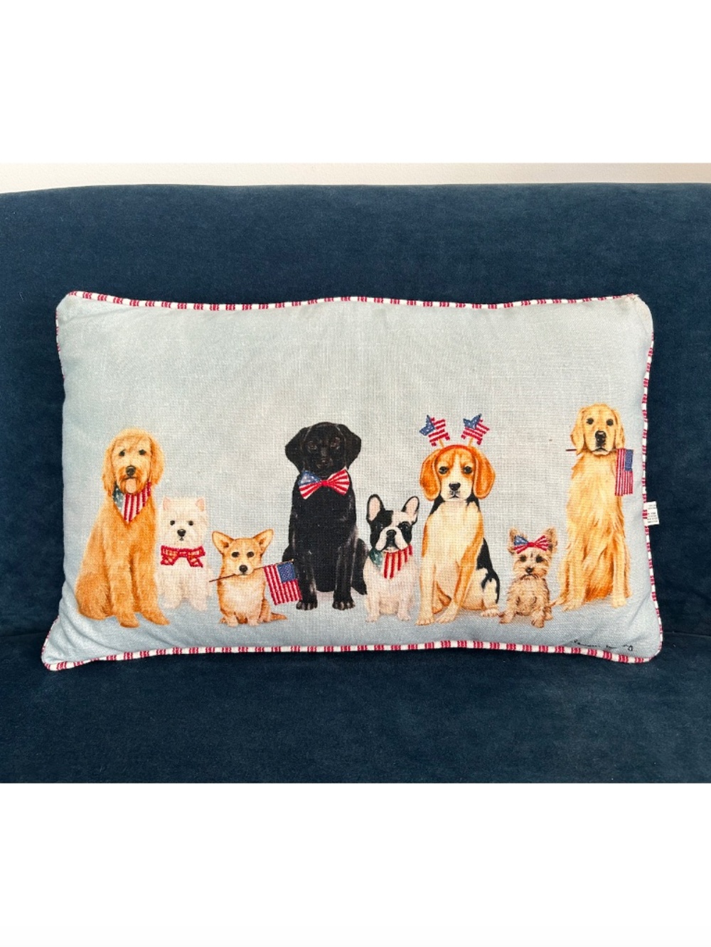 Patriotic Dogs Embroidered Pillow
